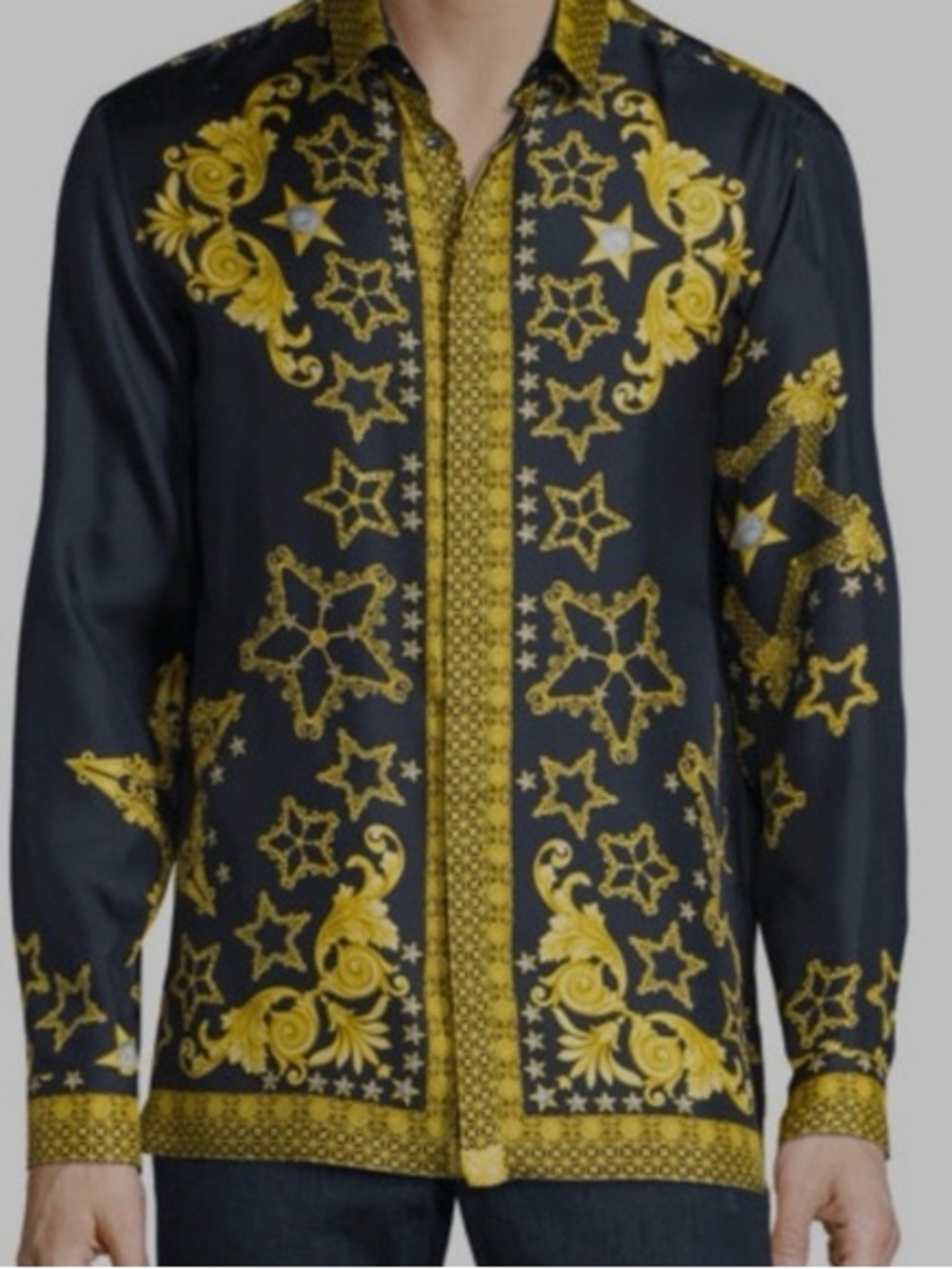 Versace Collection Black & Gold Baroque Star Print Button-Down Shirt 100% Seda